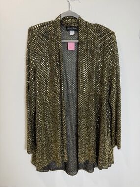 Vintage David Rose Gold Metallic Sparkle Open Front Duster Cardigan XL Made USA